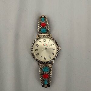 Silver Watch with Turquoise and Coral Accents